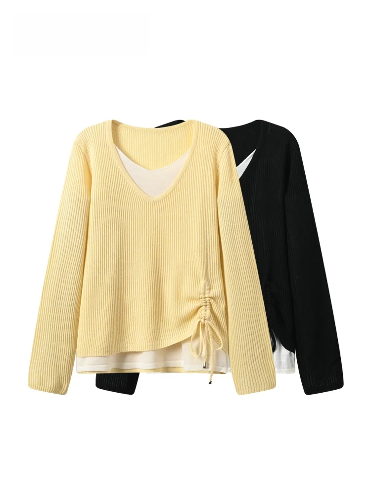 Spring New plus Size Women's Long Sleeve Knitted Sweater Design Sense Splicing Fake Two-Piece Top V-Neck Loose Fit Polyester
Spring New plus Size Women's Long Sleeve Knitted Sweater Design Sense Splicing Fake Two-Piece Top V-Neck Loose Fit Polyester