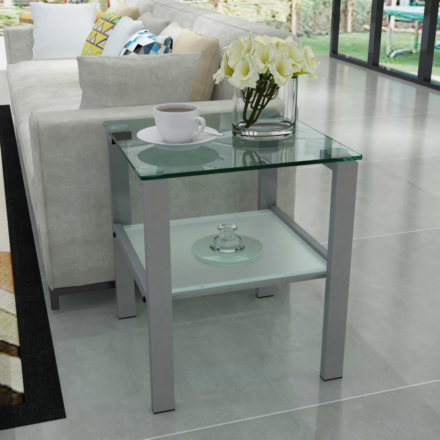 Glass two layer tea table, small round bedroom corner table, living room grey side table
Glass two layer tea table, small round bedroom corner table, living room grey side table