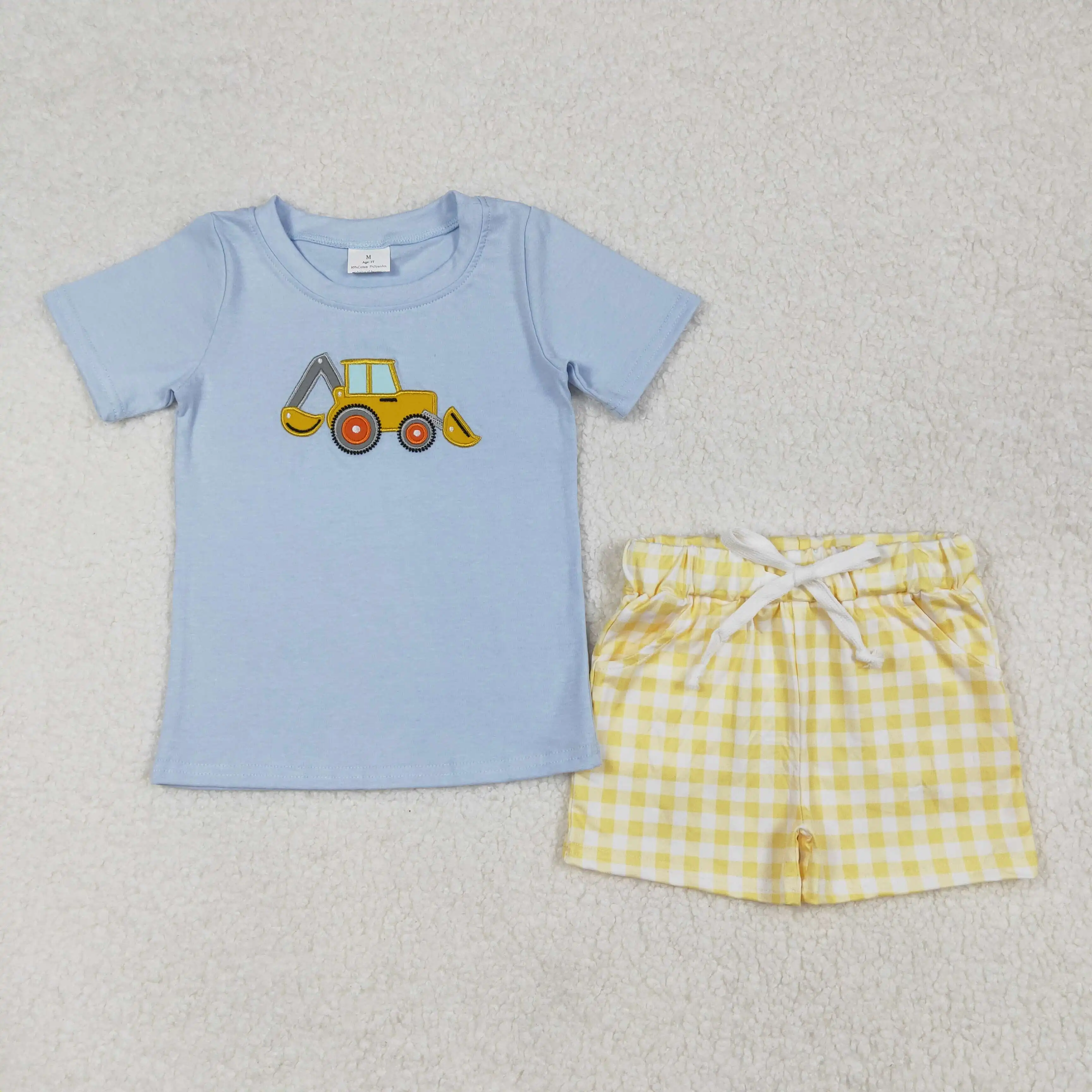 3.6 yan new rts summer boys set wholesale boutique embroidered digger pattern blue short sleeve yellow plaid shorts boys suit
3.6 yan new rts summer boys set wholesale boutique embroidered digger pattern blue short sleeve yellow plaid shorts boys suit