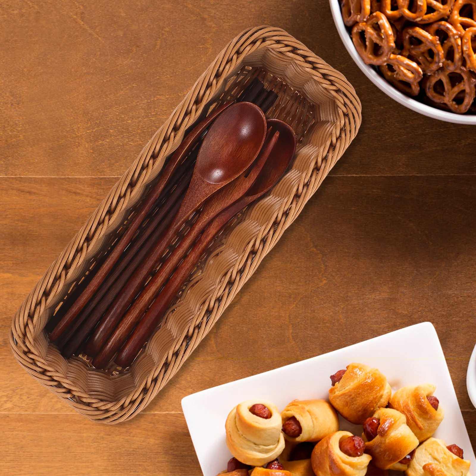 Plastic Rattan Woven Basket Tableware Storage Box Natural Color Cutlery Container Spoon Fork Chopsticks Holder Kitchen Utensil 
Plastic Rattan Woven Basket Tableware Storage Box Natural Color Cutlery Container Spoon Fork Chopsticks Holder Kitchen Utensil