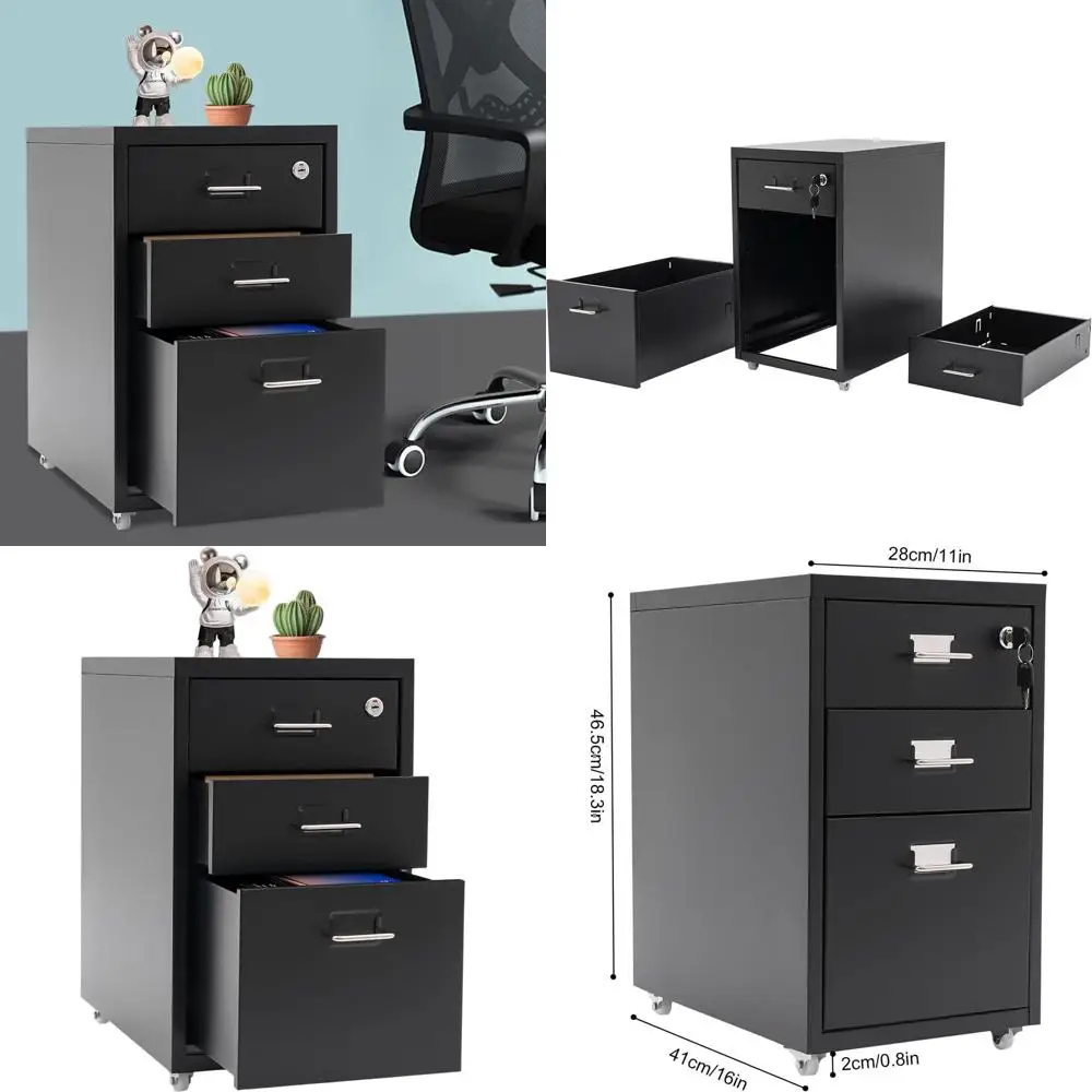 Black 3-Drawer Lockable Metal File Cabinet on Wheels, 11x16x18.3 inches, Vertical Storage for Office/Home
Black 3-Drawer Lockable Metal File Cabinet on Wheels, 11x16x18.3 inches, Vertical Storage for Office/Home