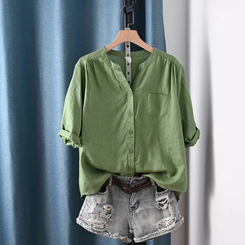2025 Designer woman clothing 100% linen pink green blue white v neck short sleeve solid shirts and blouses ladies tops
2025 Designer woman clothing 100% linen pink green blue white v neck short sleeve solid shirts and blouses ladies tops