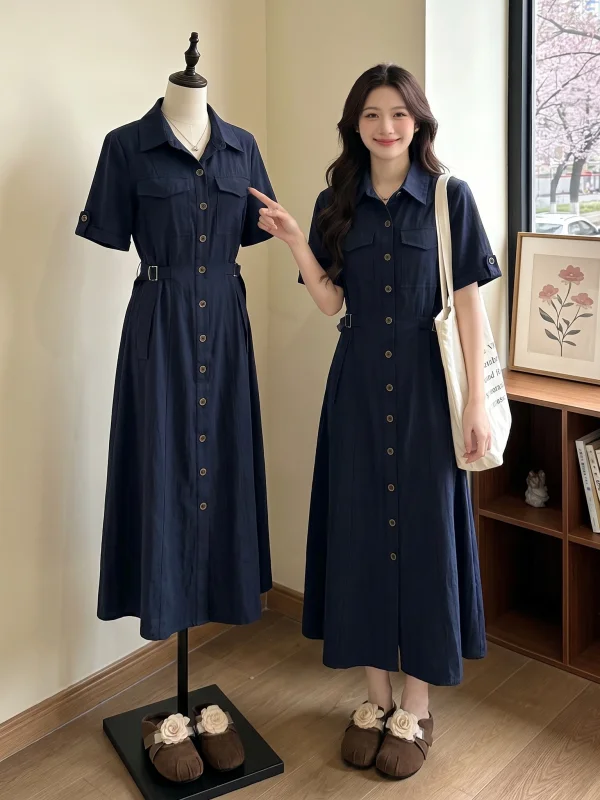 Workwear Style Dark Blue Neck Dress Shoulder Length Straight Cut Shirt Dress Waist Cinched Summer New plus Size Women
Workwear Style Dark Blue Neck Dress Shoulder Length Straight Cut Shirt Dress Waist Cinched Summer New plus Size Women