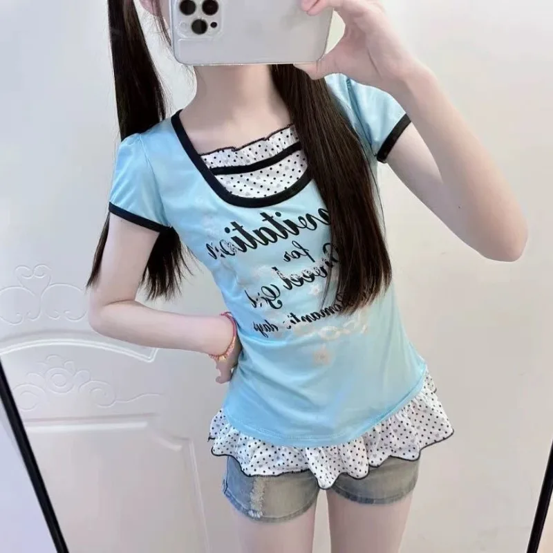 Oversize Japanese Cute Wave Point T-shirts Patchwork Fake Two Piece Tee Shirt Vintage Sweet Short Sleeve Top Forr Women
Oversize Japanese Cute Wave Point T-shirts Patchwork Fake Two Piece Tee Shirt Vintage Sweet Short Sleeve Top Forr Women
