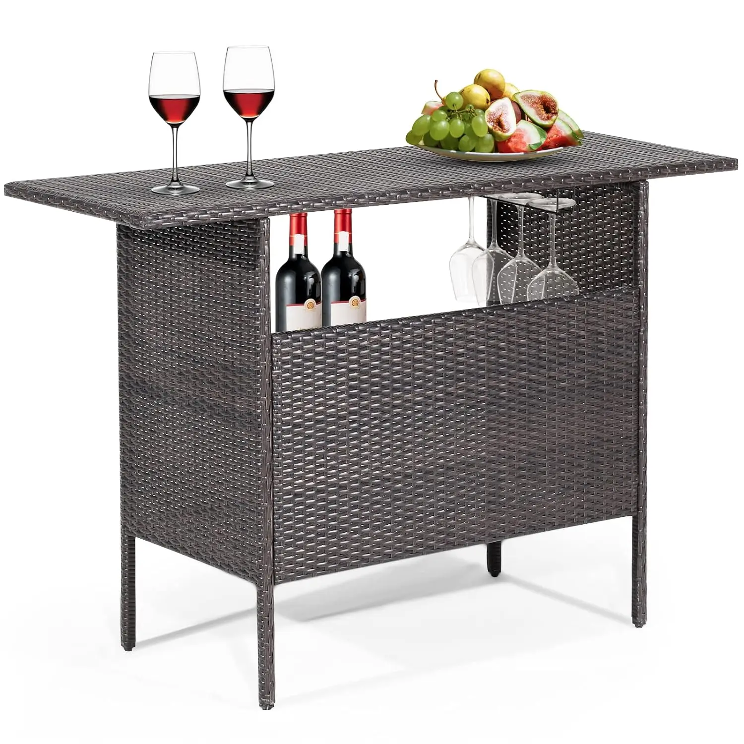 All Weather Rattan Bar Table with 2 Metal Mesh Shelves & Dual Stemware Racks for Backyard Poolside Patio, Customized