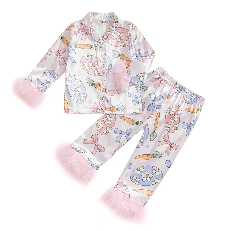 Baby Girls Easter Pajamas Feather Cuffs Egg Bow Print Button Long Sleeves Shirt with Elastic Pants for Loungewear
Baby Girls Easter Pajamas Feather Cuffs Egg Bow Print Button Long Sleeves Shirt with Elastic Pants for Loungewear