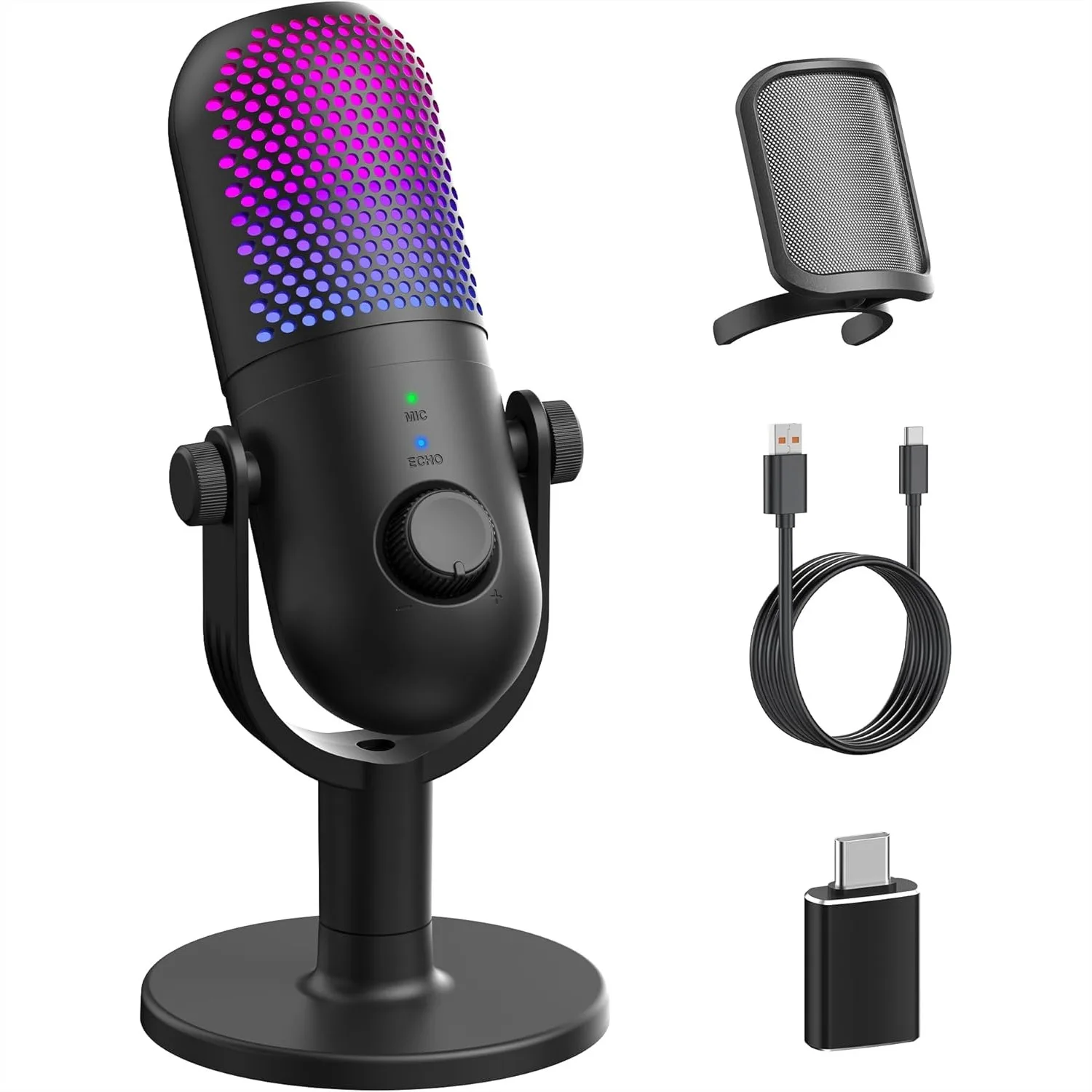 USB Condenser Microphone For PC Gaming With RGB Lighting, Quick Mute, Volume Knob, Noise Reduction, Plug And Play For Computer, Laptop, PS4, PS5, Android, Black
USB Condenser Microphone For PC Gaming With RGB Lighting, Quick Mute, Volume Knob, Noise Reduction, Plug And Play For Computer, Laptop, PS4, PS5, Android, Black