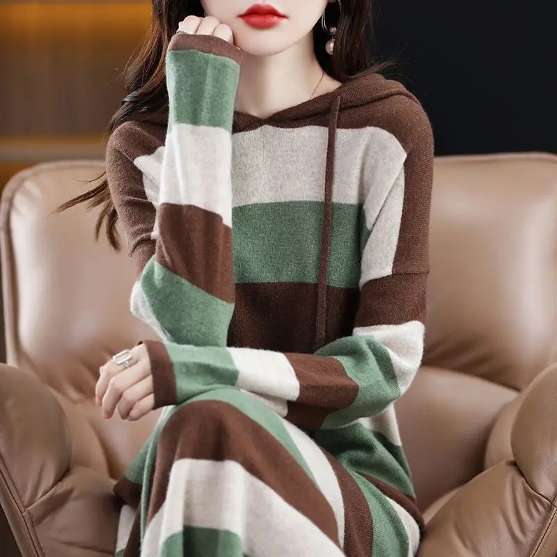 Hooded Vintage Women's Sweater Knitted One-piece Dress Loose Midi Knit Dresses For Women Autumn Winter 2024 With Korean Style
Hooded Vintage Women's Sweater Knitted One-piece Dress Loose Midi Knit Dresses For Women Autumn Winter 2024 With Korean Style