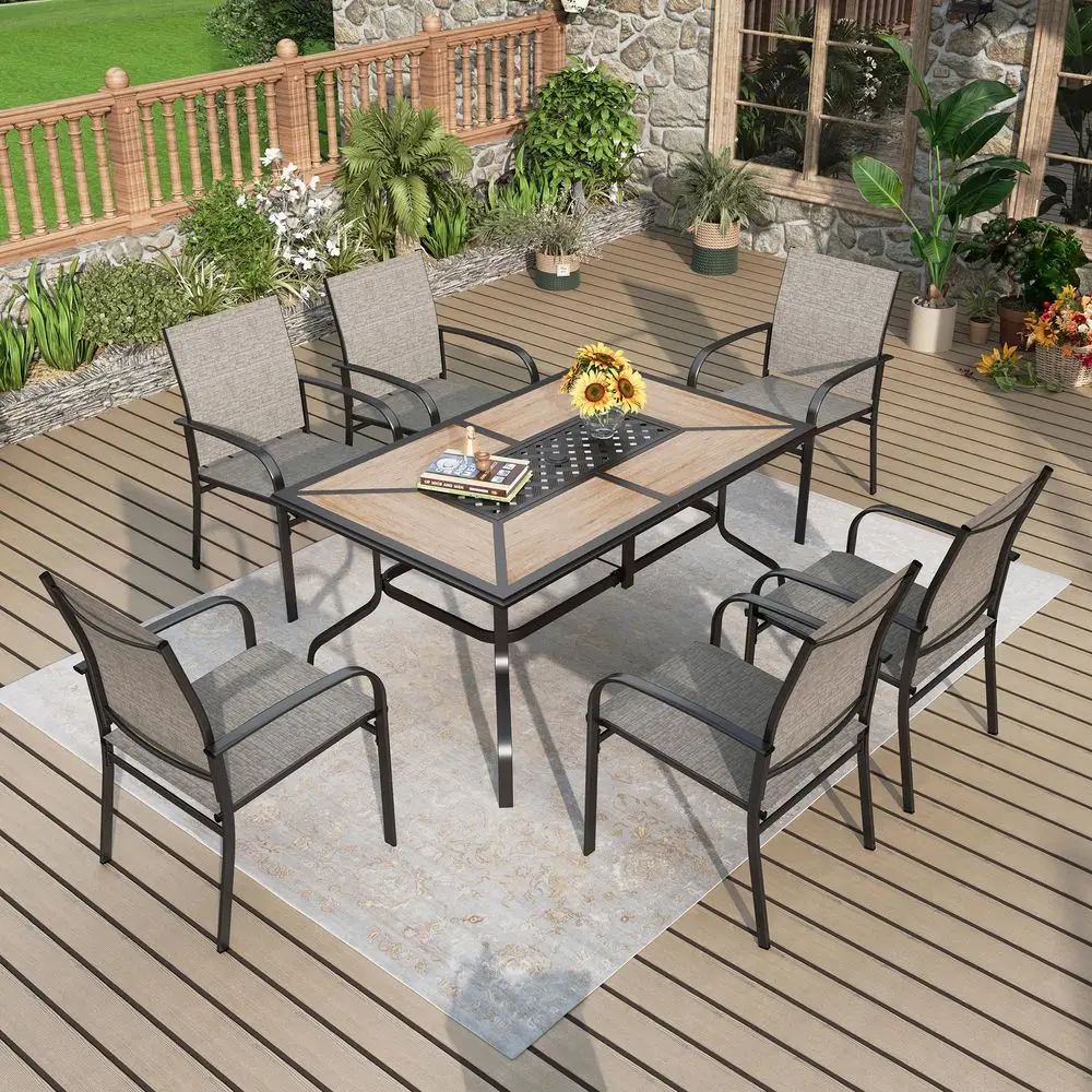 Outdoor Patio Dining Set 7 Piece Furniture Set with 6 Brown Textilene Chairs and WoodLike Table Top Rectangular Table for Deck
Outdoor Patio Dining Set 7 Piece Furniture Set with 6 Brown Textilene Chairs and WoodLike Table Top Rectangular Table for Deck