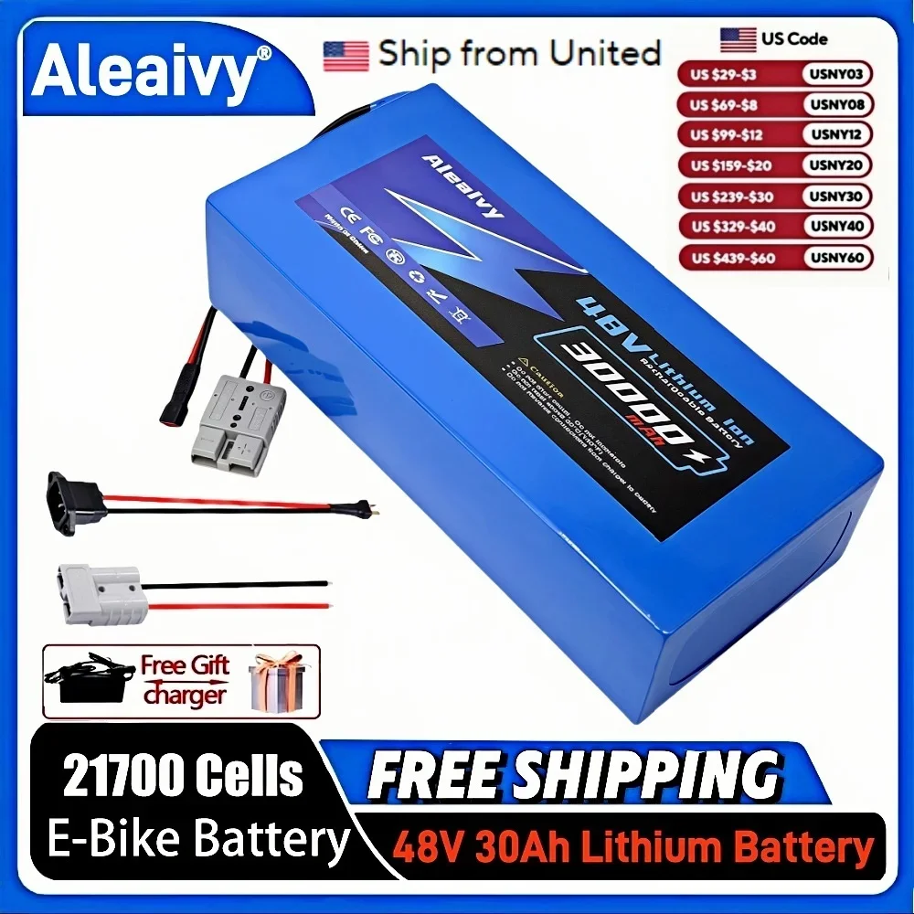 Aleaivy 48V 30Ah Electric Bike Lithium Battery Pack 30000mAh Li ion Ebike Battery for Bicycle Scooter Motorcycle with Charger
Aleaivy 48V 30Ah Electric Bike Lithium Battery Pack 30000mAh Li ion Ebike Battery for Bicycle Scooter Motorcycle with Charger