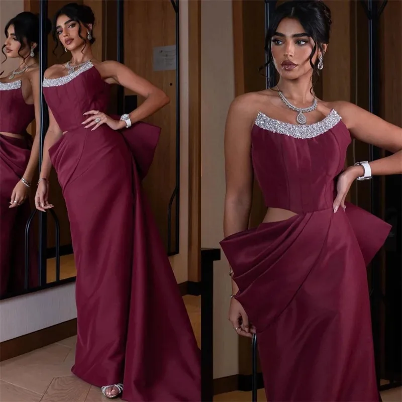 Modern Burgundy Satin Mermaid Strapless Evening Dresses Simple Pleat Cut-out Shiny Beaded Crystal Sexy Backless Gowns Customized
Modern Burgundy Satin Mermaid Strapless Evening Dresses Simple Pleat Cut-out Shiny Beaded Crystal Sexy Backless Gowns Customized
