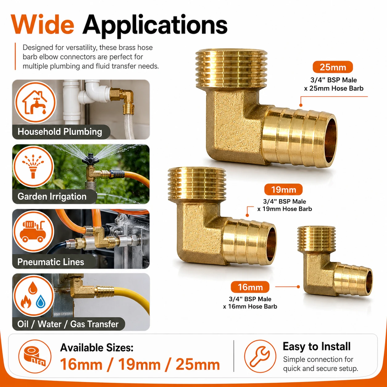 1-3pcs Heavy Duty Brass Barb Hose Connector, Pagoda Elbow 16/19/25mm, 3/4" Thread for High Flow Water Oil Airs
1-3pcs Heavy Duty Brass Barb Hose Connector, Pagoda Elbow 16/19/25mm, 3/4" Thread for High Flow Water Oil Airs