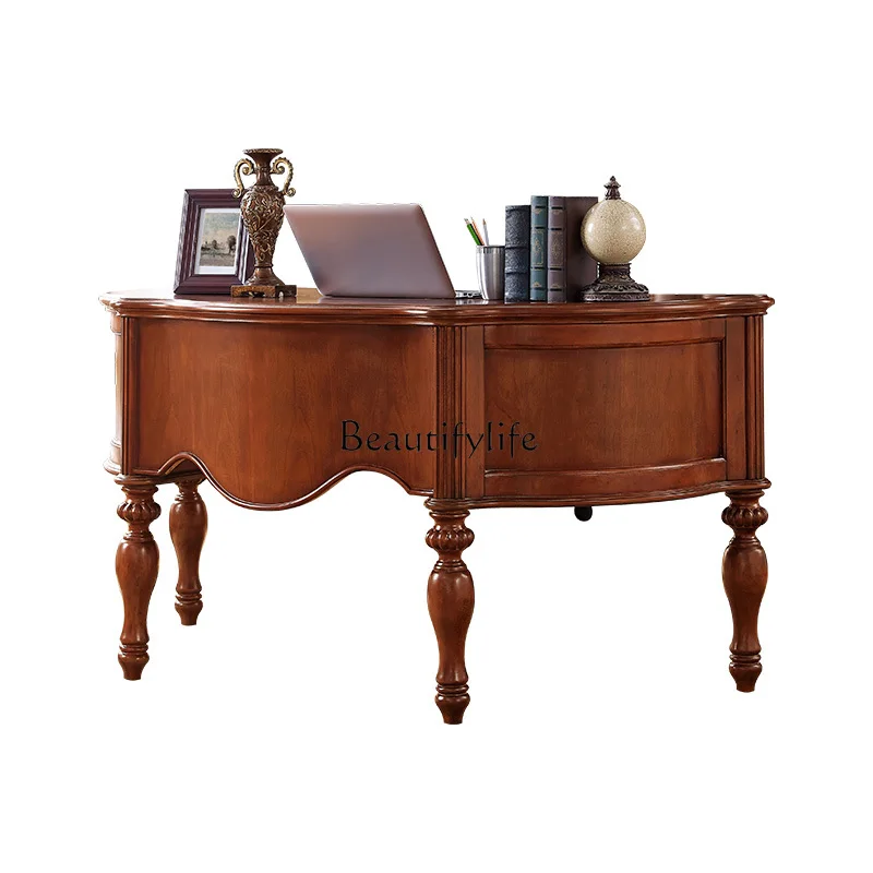 American solid wood desk writing desk European semi-circular computer table retro arc
American solid wood desk writing desk European semi-circular computer table retro arc