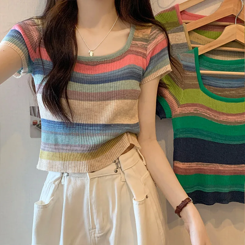 Women Girls T-Shirt Versatile Temperament Ladies Slim Square Collar Tshirt Female Rainbow Stripe Short Sleeve Top Y2k Casual
Women Girls T-Shirt Versatile Temperament Ladies Slim Square Collar Tshirt Female Rainbow Stripe Short Sleeve Top Y2k Casual