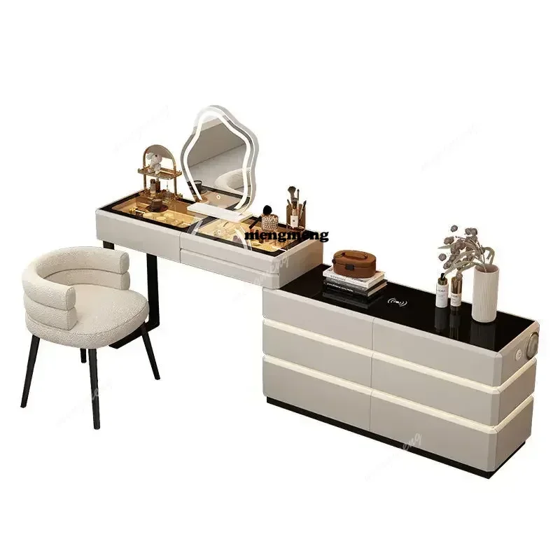 Modern Dressing Table Vanity Desk with Wireless Charging Station Bluetooth Speaker Glass Top Lighted Mirror with 8 Drawers Side
Modern Dressing Table Vanity Desk with Wireless Charging Station Bluetooth Speaker Glass Top Lighted Mirror with 8 Drawers Side