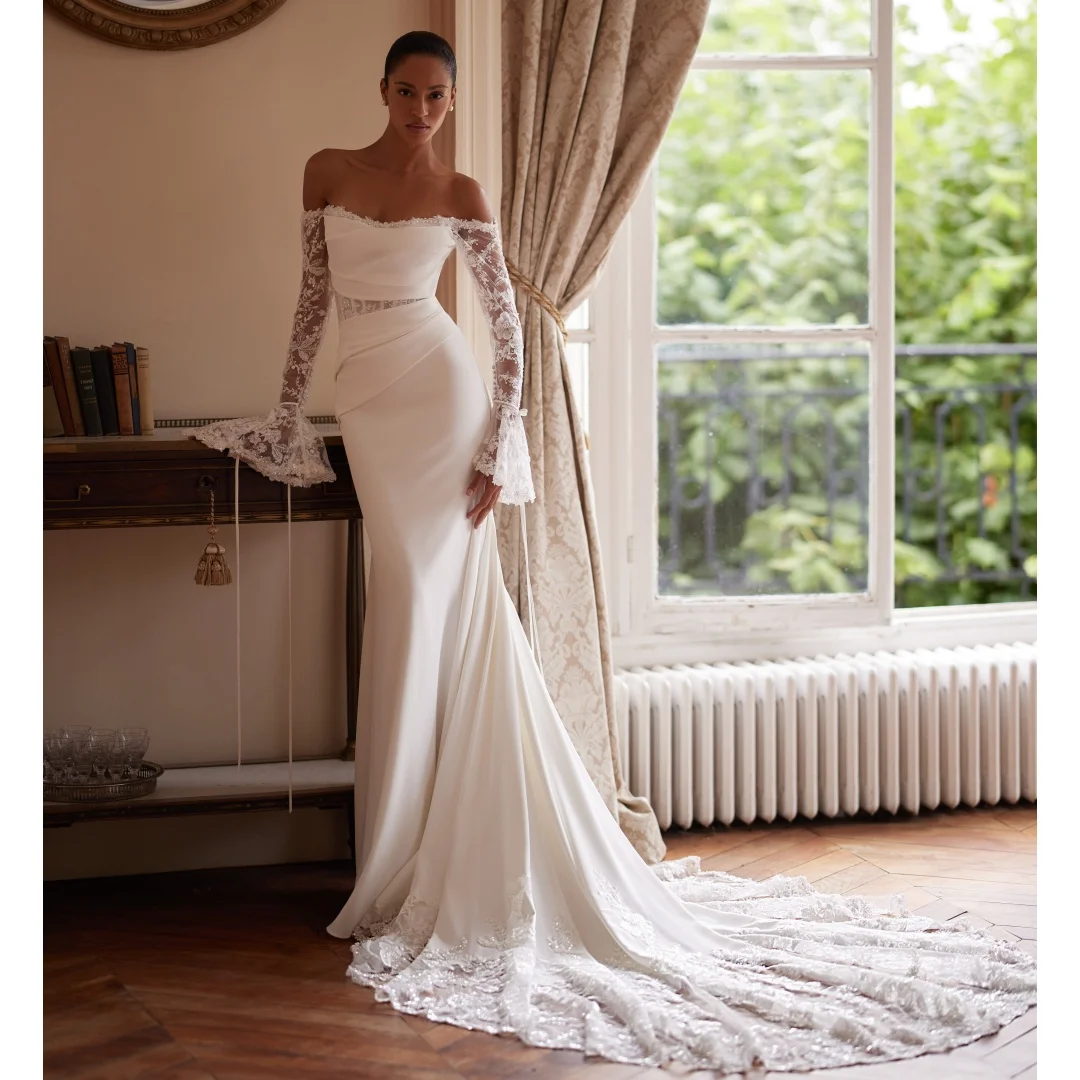 Mermaid Wedding Dresses Luxury Lace Sweep Train robe de mariée Satin Pleated Bridal Gown Off the Shoulder Vestidos Customized
Mermaid Wedding Dresses Luxury Lace Sweep Train robe de mariée Satin Pleated Bridal Gown Off the Shoulder Vestidos Customized