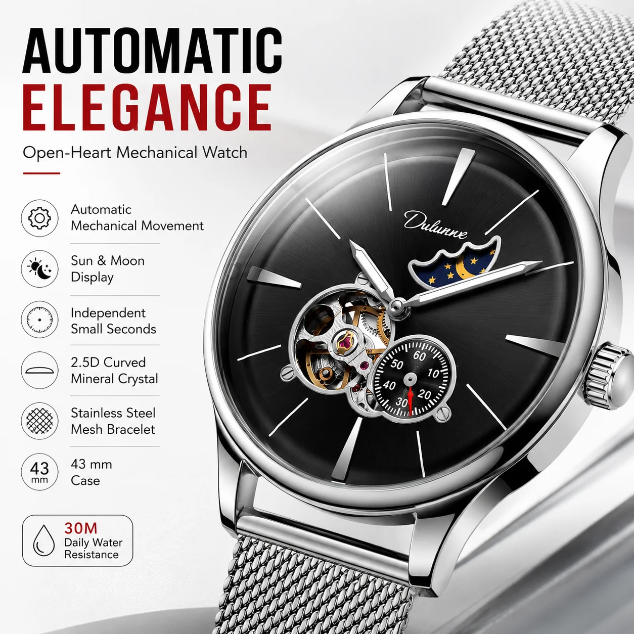 Automatic Mechanical Watch – Open Heart Design, Sapphire Crystal, Stainless Steel Bracelet Luxury Business Casual Timepiece
Automatic Mechanical Watch – Open Heart Design, Sapphire Crystal, Stainless Steel Bracelet Luxury Business Casual Timepiece