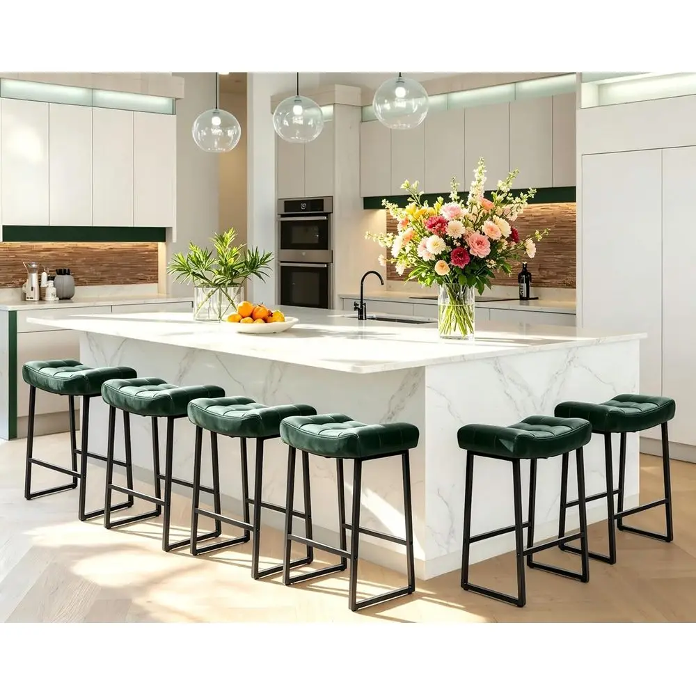 Set of 6 Kitchen Counter Stools, 24 Height, Upholstered Leather Seats, Metal Frame, Green Industrial Style
Set of 6 Kitchen Counter Stools, 24 Height, Upholstered Leather Seats, Metal Frame, Green Industrial Style