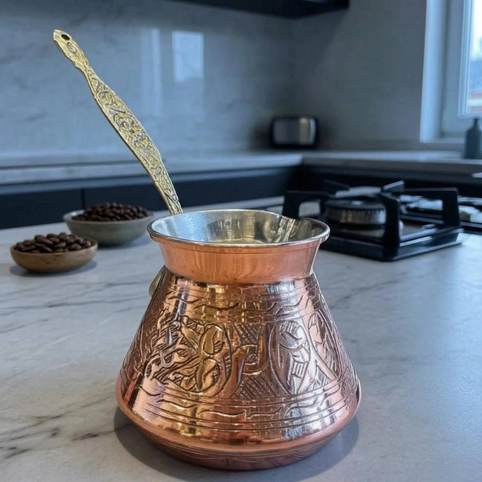 Copper Cezve Engraved Cezve Ibrik Decorative Pattern Briki Compact Rounded