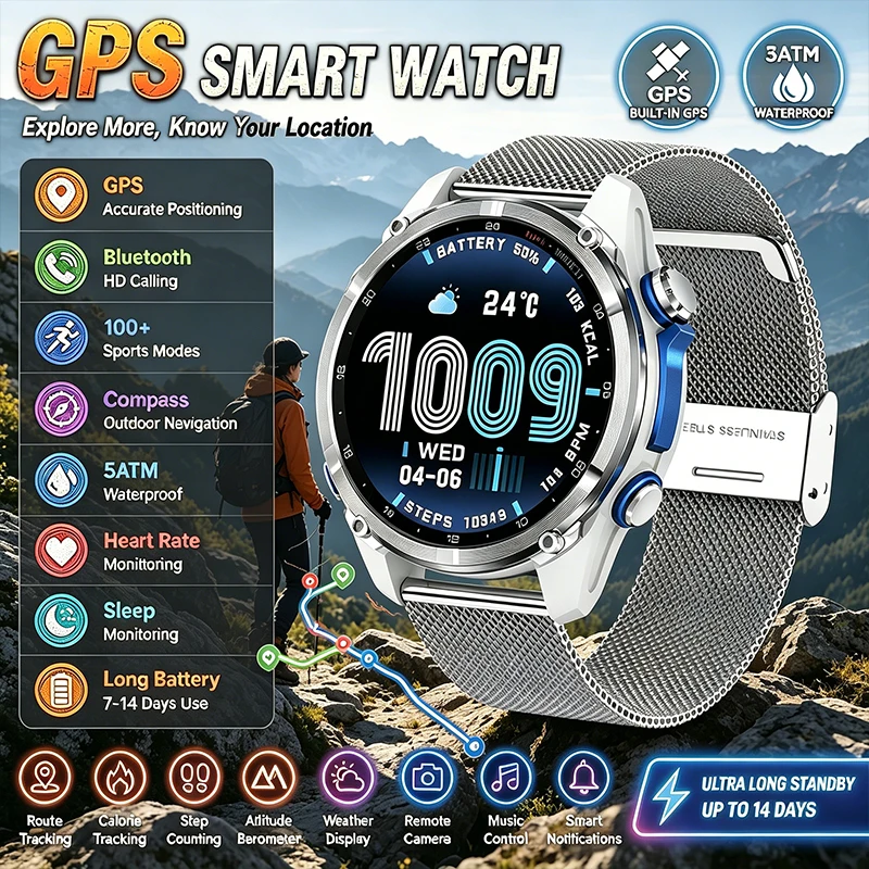 GPS Outdoor Sports Smart Watch with Compass 100+ Sports Modes 540mAh Large Battery Health Monitoring 3ATM Waterproof Smart Watch
GPS Outdoor Sports Smart Watch with Compass 100+ Sports Modes 540mAh Large Battery Health Monitoring 3ATM Waterproof Smart Watch