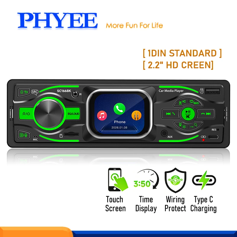 PHYEE Bluetooth Car Radio 1 DIN with Touch Screen, USB FM MP3 Player, TF Aux-in Slot, High Power, Multi-color Lighting Head Unit
PHYEE Bluetooth Car Radio 1 DIN with Touch Screen, USB FM MP3 Player, TF Aux-in Slot, High Power, Multi-color Lighting Head Unit