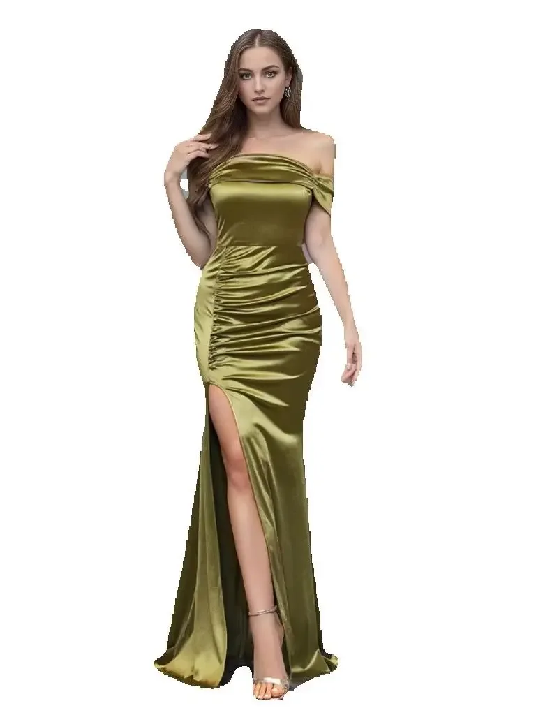 Sexy Off Shoulder Ruched High Split Solid Color Satin Mermaid Formal Evening Dress
Sexy Off Shoulder Ruched High Split Solid Color Satin Mermaid Formal Evening Dress