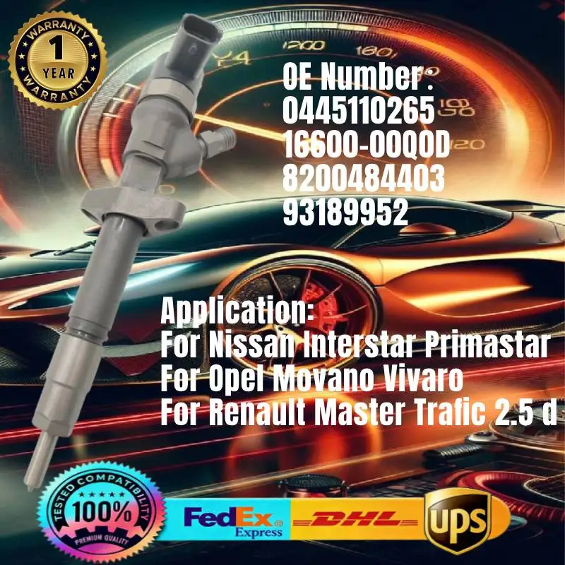 0445110265 16600-00Q0D 8200484403 93189952 0986435275 Fuel Injector for Nissan Interstar Opel Movano Renault Master 2.5D Engine
0445110265 16600-00Q0D 8200484403 93189952 0986435275 Fuel Injector for Nissan Interstar Opel Movano Renault Master 2.5D Engine