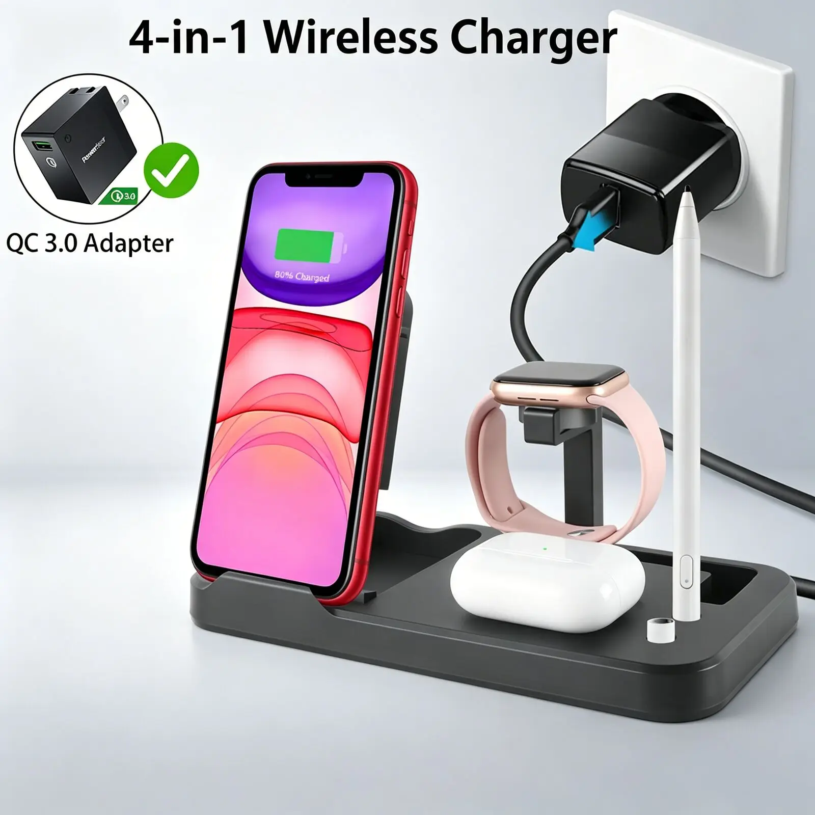 4-in-1 Foldable Wireless Charger Stand Fast Charging Station for iPhone 15 14 13 Apple Watch AirPods & Pencil Qi Charger Dock
4-in-1 Foldable Wireless Charger Stand Fast Charging Station for iPhone 15 14 13 Apple Watch AirPods & Pencil Qi Charger Dock