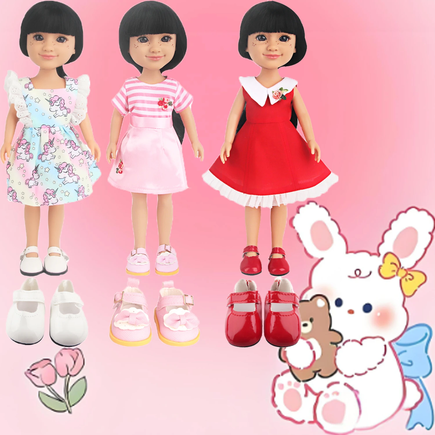 A Pack Of 14-inch American Doll Dress 3Pcs Cute Unicorn Pink Flower+3 Pairs Bowknot Leather Doll Shoes For 35cm Bbay Girl Dolls
A Pack Of 14-inch American Doll Dress 3Pcs Cute Unicorn Pink Flower+3 Pairs Bowknot Leather Doll Shoes For 35cm Bbay Girl Dolls