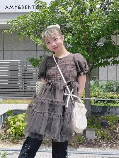 Japanese Sweet Tulle Bubble Sleeves A-word Short Sleeves Lace-up Slim Puff Dress Solid Color Versatile Temperament Mini Dress
Japanese Sweet Tulle Bubble Sleeves A-word Short Sleeves Lace-up Slim Puff Dress Solid Color Versatile Temperament Mini Dress