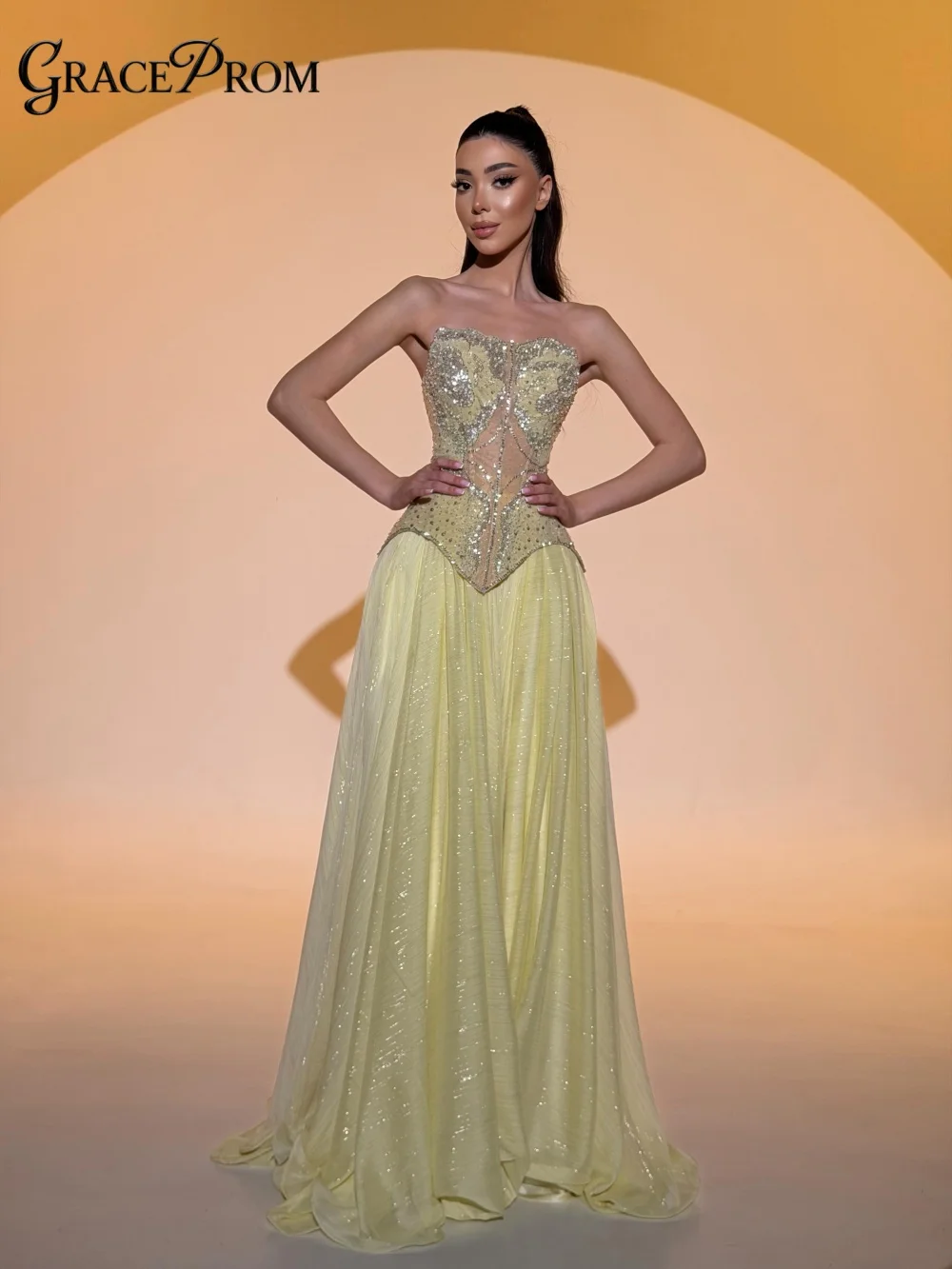 Glamorous Pale Yellow Party Dress 2026 Strapless Beaded Corset Bodice Sheer Mesh Evening Gown For Wedding Guests فساتين سهرة
Glamorous Pale Yellow Party Dress 2026 Strapless Beaded Corset Bodice Sheer Mesh Evening Gown For Wedding Guests فساتين سهرة