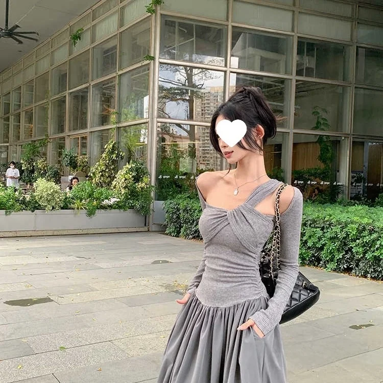 Retro Grey Asymmetrical Shoulder Long Sleeve Dress Women's Holiday Slim Fit A-Line Dress Elegant Waist-Cinching Slimming
Retro Grey Asymmetrical Shoulder Long Sleeve Dress Women's Holiday Slim Fit A-Line Dress Elegant Waist-Cinching Slimming