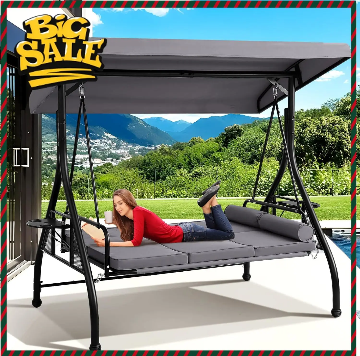 3-Seat Outdoor Porch Swing with Adjustable Canopy, 3 Person Convertible Porch Swing Bed with Stand, Heavy Duty Patio Swing with
3-Seat Outdoor Porch Swing with Adjustable Canopy, 3 Person Convertible Porch Swing Bed with Stand, Heavy Duty Patio Swing with