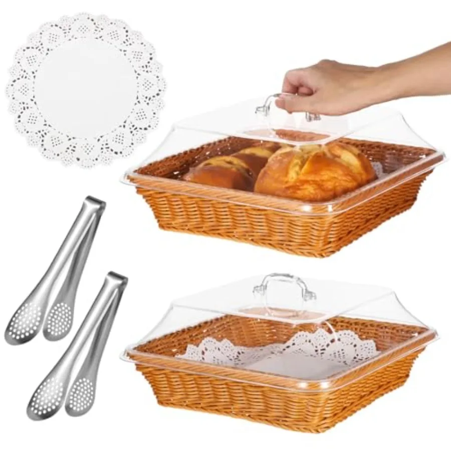 2 Pack Wicker Large Bread Basket with Lid, 11.8''×11.8'' Square Plastic Imitation Rattan Woven Serving Basket with 2 Stainless
2 Pack Wicker Large Bread Basket with Lid, 11.8''×11.8'' Square Plastic Imitation Rattan Woven Serving Basket with 2 Stainless