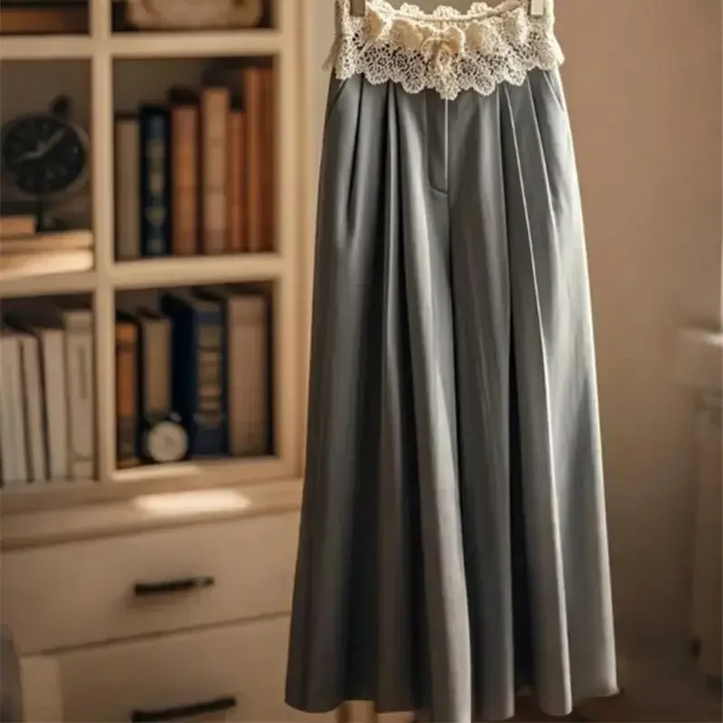 Elegant Lace Patchwork Wide Leg Pants Women Korean Gray Pleated Trousers Loose Office Lady Work Wear High Waist Suit Y2k Pants
Elegant Lace Patchwork Wide Leg Pants Women Korean Gray Pleated Trousers Loose Office Lady Work Wear High Waist Suit Y2k Pants
