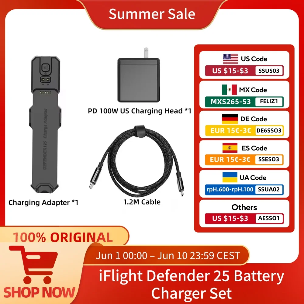 iFlight Defender 25 Battery Charger Set with D25 battery Charger 100W Plug for FPV Paets
iFlight Defender 25 Battery Charger Set with D25 battery Charger 100W Plug for FPV Paets
