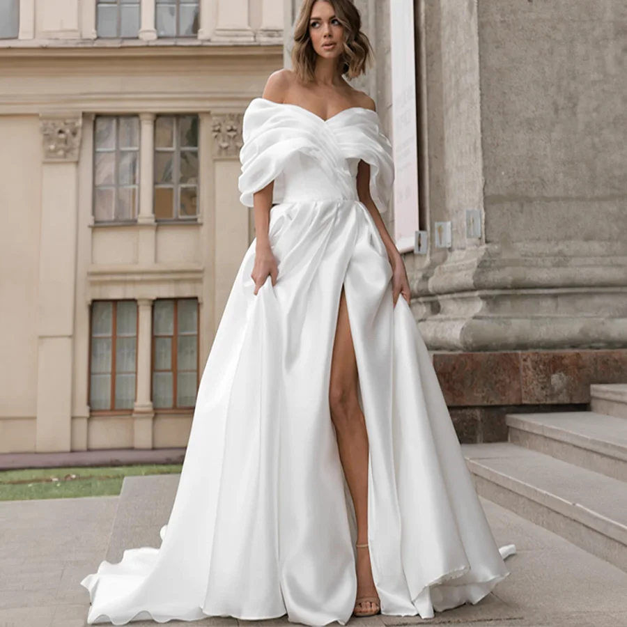 Customized Off-Shoulder Puff Sleeve Front Split Wedding Dresses A-Line Backless And Corset Designs Long Train Bridal Gowns
Customized Off-Shoulder Puff Sleeve Front Split Wedding Dresses A-Line Backless And Corset Designs Long Train Bridal Gowns