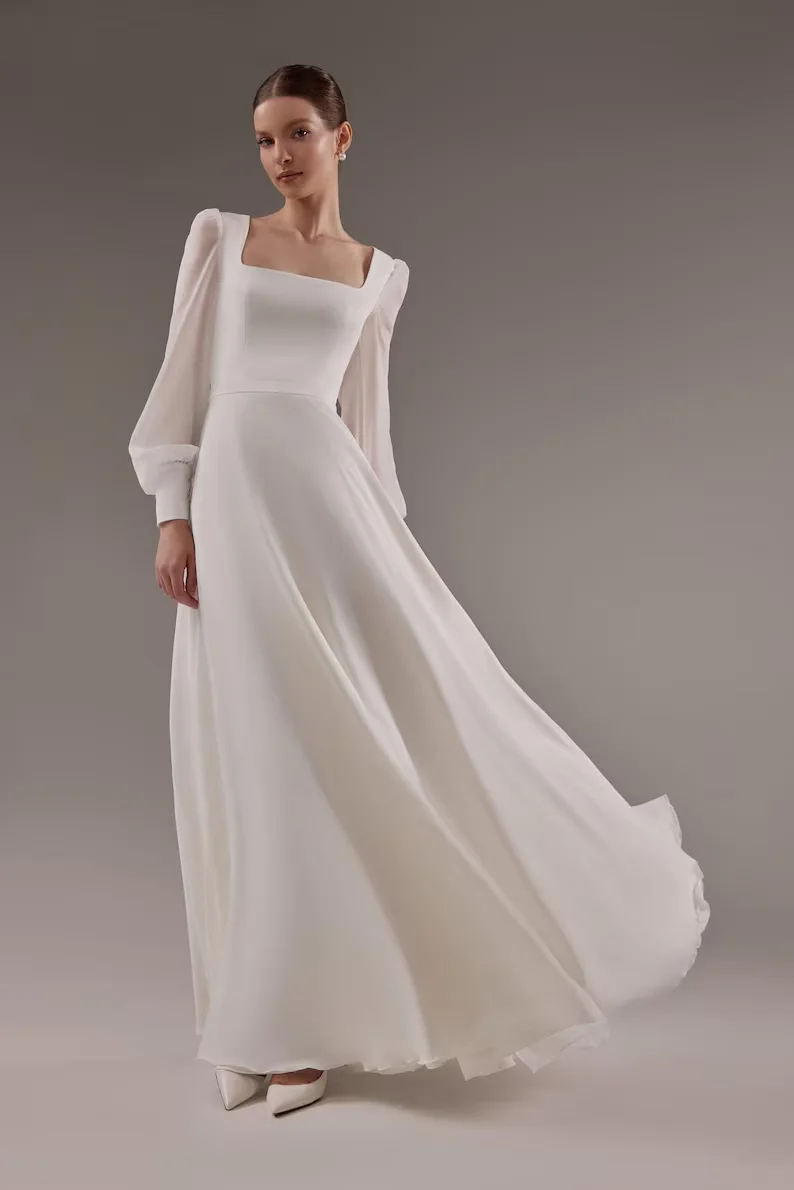Customized Moderate a-Neck Wedding Dress With Bishop's Long-Sleeved Simple Wedding Dress Chiffon Elopement Dress
Customized Moderate a-Neck Wedding Dress With Bishop's Long-Sleeved Simple Wedding Dress Chiffon Elopement Dress