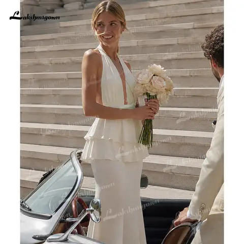 Elegant Halter Deep V Neck Peplum Layered Wedding Dress Sleeveless Sheath Chiffon Party Gown vestido de novia 2027 Customized
