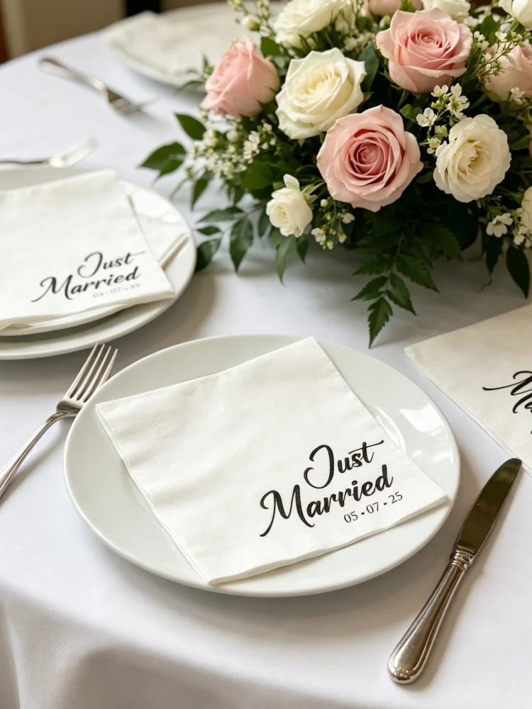 Custom Gold Foil Printed Cheers Just Married Cocktail Beverage Paper Napkins Disposable Wedding Reception Rehearsal
Custom Gold Foil Printed Cheers Just Married Cocktail Beverage Paper Napkins Disposable Wedding Reception Rehearsal