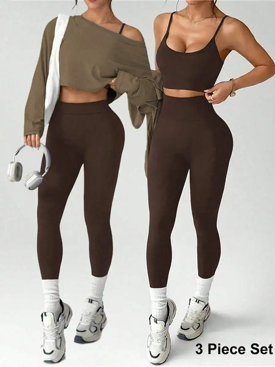 3 Piece Women Solid Color Cropped Long Sleeve Top Seamless Bra Leggings Set Activewear Workout Outfit
3 Piece Women Solid Color Cropped Long Sleeve Top Seamless Bra Leggings Set Activewear Workout Outfit
