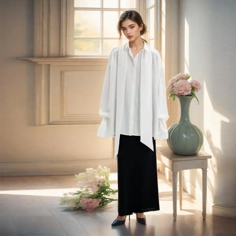 Sweet White Long Sleeve Shirt for Women Spring Autumn Knot Sash Elegant Atmosphere Blouse Dress Street Style Loose Fit
Sweet White Long Sleeve Shirt for Women Spring Autumn Knot Sash Elegant Atmosphere Blouse Dress Street Style Loose Fit
