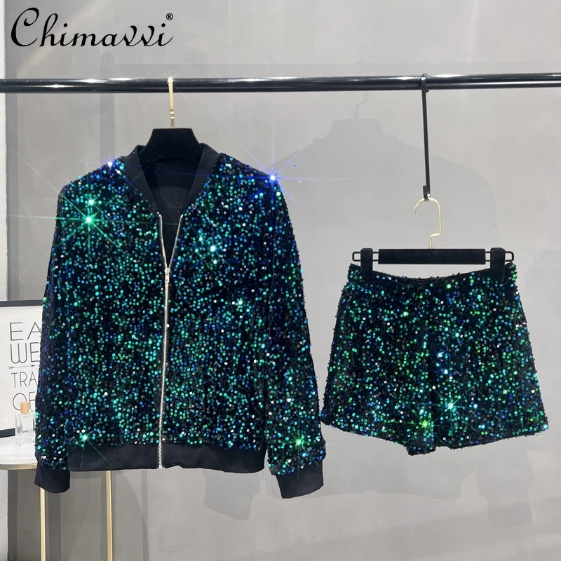 High Fashion Sequined Coat Women's Jacket Zipper Top Baseball Jersey Casual Shorts Set Spring New High Street Two-piece Set
High Fashion Sequined Coat Women's Jacket Zipper Top Baseball Jersey Casual Shorts Set Spring New High Street Two-piece Set