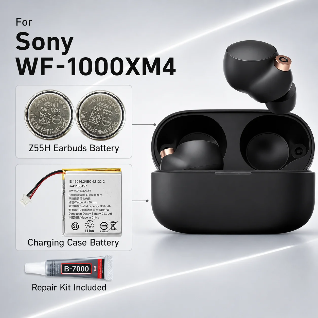 702428 Z55H 3.85V 75mAh Li-ion Battery for Sony WF-1000XM4 XM4 Bluetooth Earbuds Headset Replacement Repair Tools Kit Parts
702428 Z55H 3.85V 75mAh Li-ion Battery for Sony WF-1000XM4 XM4 Bluetooth Earbuds Headset Replacement Repair Tools Kit Parts