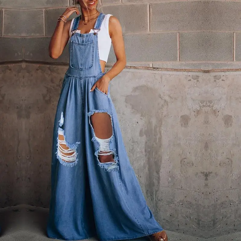 Women's High Waist Denim Overalls Ripped Hole Design Casual Trousers with Straps Fashionable Commuter Style Pocket Detail
Women's High Waist Denim Overalls Ripped Hole Design Casual Trousers with Straps Fashionable Commuter Style Pocket Detail