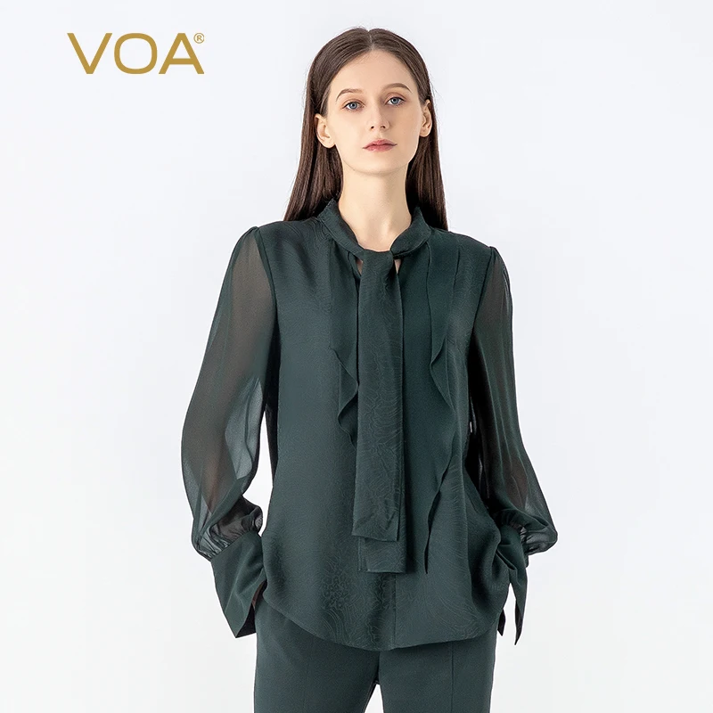 VOA 100% Real Mulberry Silk Jacquard Dark Green Shirt Long Sleeve Tops Women Elegant Ruffles Office Ladies T-shirt Spring BE1336
VOA 100% Real Mulberry Silk Jacquard Dark Green Shirt Long Sleeve Tops Women Elegant Ruffles Office Ladies T-shirt Spring BE1336