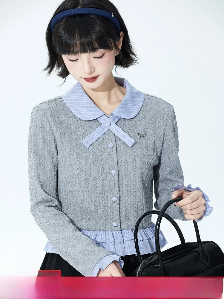 Gray Knitted Short Cardigan Women's Spring Fashion College Style Patchwork Plaid Ruffle Hem Top Sweet Fit Medium Softness
Gray Knitted Short Cardigan Women's Spring Fashion College Style Patchwork Plaid Ruffle Hem Top Sweet Fit Medium Softness