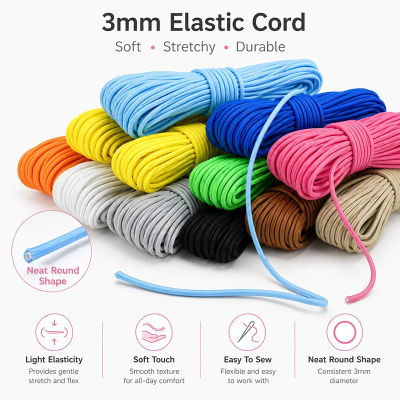 20/40Meters 3mm Colorful Elastic Cord for Hairband Mask Hat Shoelace Garment Drawstring Sewing Trim Material Roll Accessory Kit
20/40Meters 3mm Colorful Elastic Cord for Hairband Mask Hat Shoelace Garment Drawstring Sewing Trim Material Roll Accessory Kit