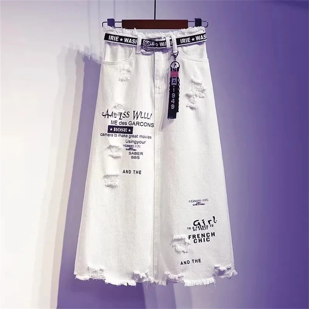 New Women A-Line Skirt White Denim Long Skirts Letter Print Korean Style Fashion Hole Oversize Plus Size Female Skirts
New Women A-Line Skirt White Denim Long Skirts Letter Print Korean Style Fashion Hole Oversize Plus Size Female Skirts