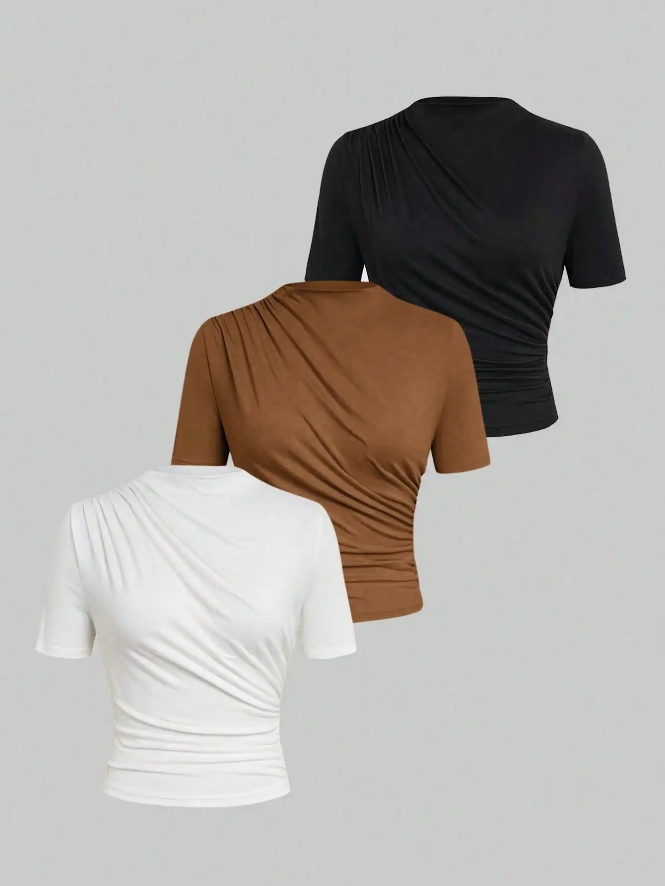 Женский однотонный укороченный топ с рюшами и короткими рукавами в белом, коричневом, черном цветах
Женский однотонный укороченный топ с рюшами и короткими рукавами в белом, коричневом, черном цветах